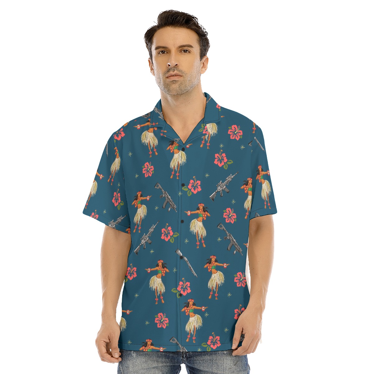 Hula Girl Hibiscus Tactical Gun Navy Hawaiian Collared Shirt - variant image 1