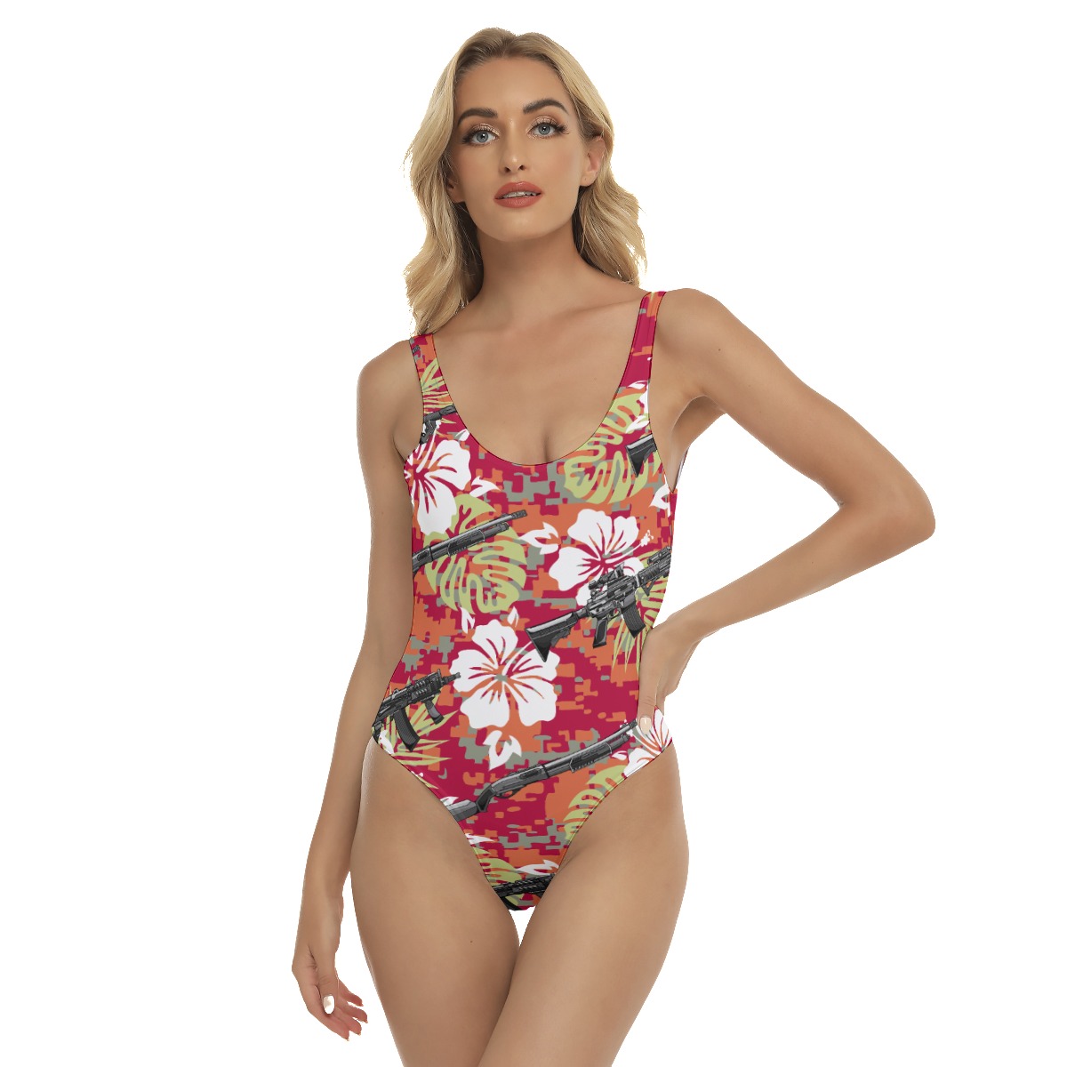 Tactical Gun Hibiscus Camo Red Hawaiian Swimsuit For Women - variant image 1