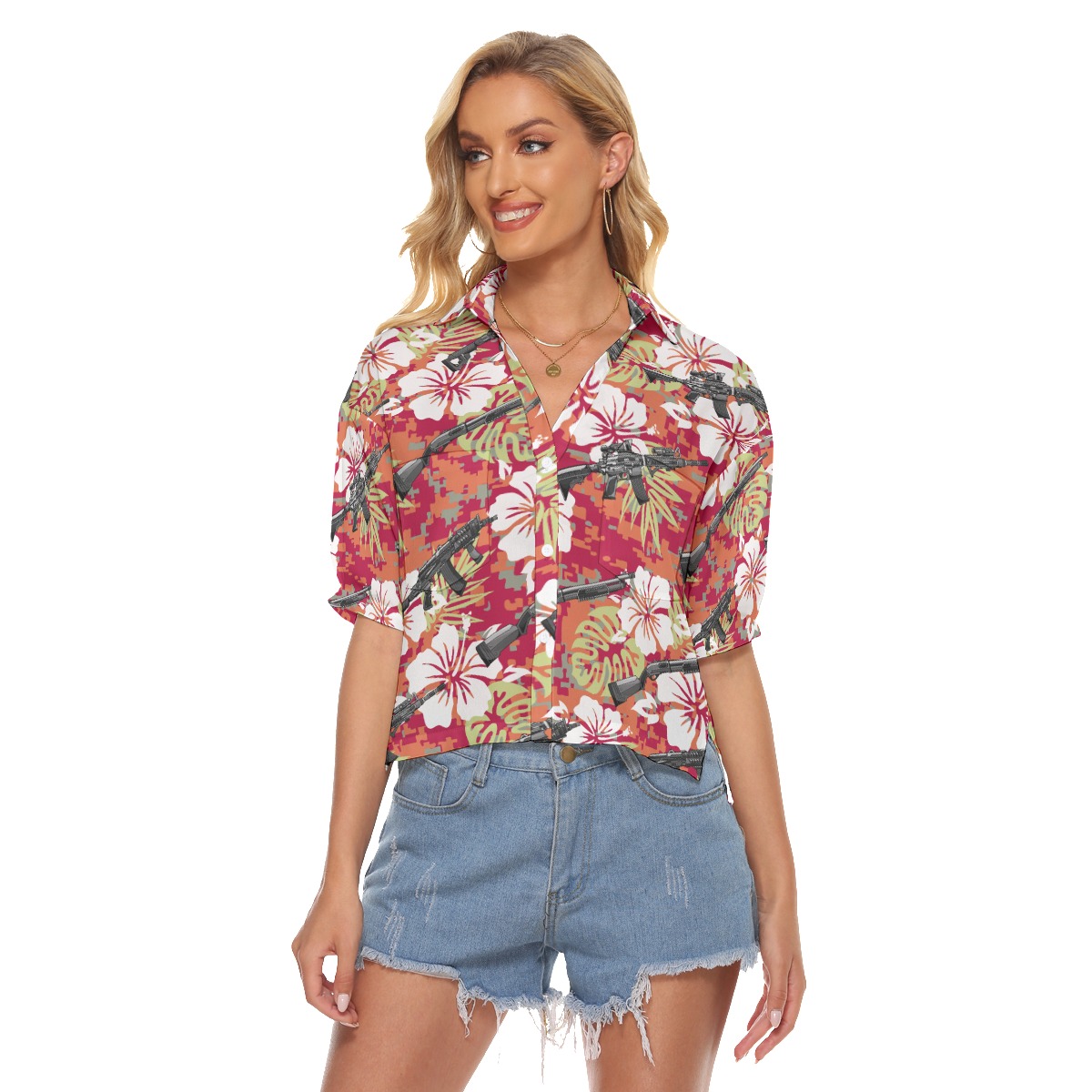 Tactical Gun Hibiscus Camouflage Hawaiian Cropped Shirt For Women - variant image 1