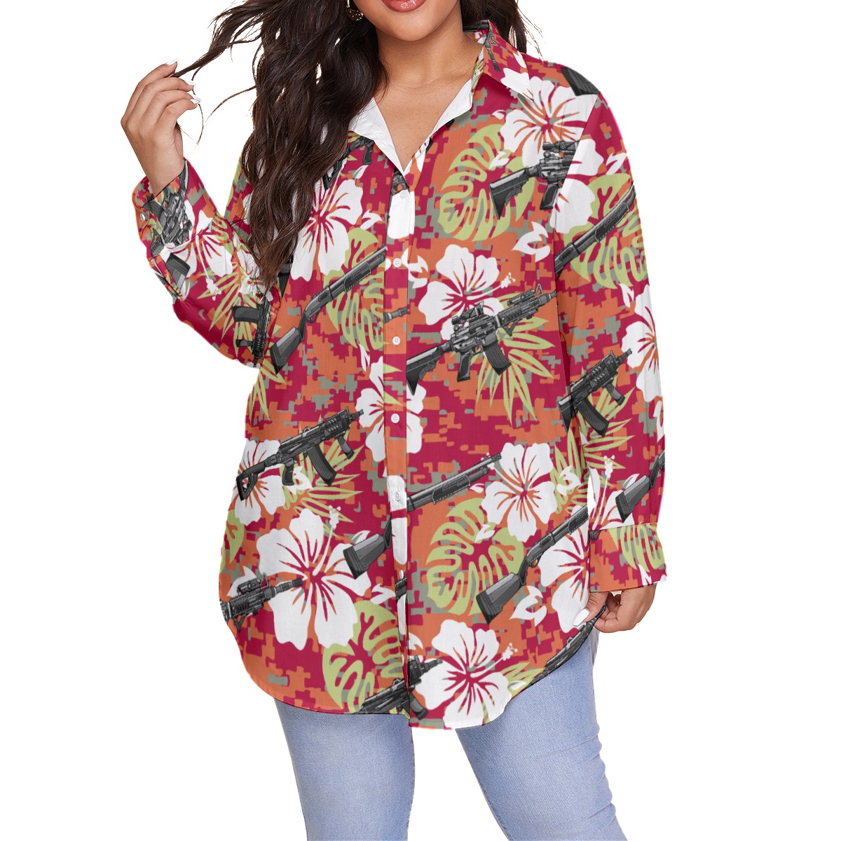 Cool Tactical Gun Floral Camo Hawaiian Plus Size Shirt - variant image 1