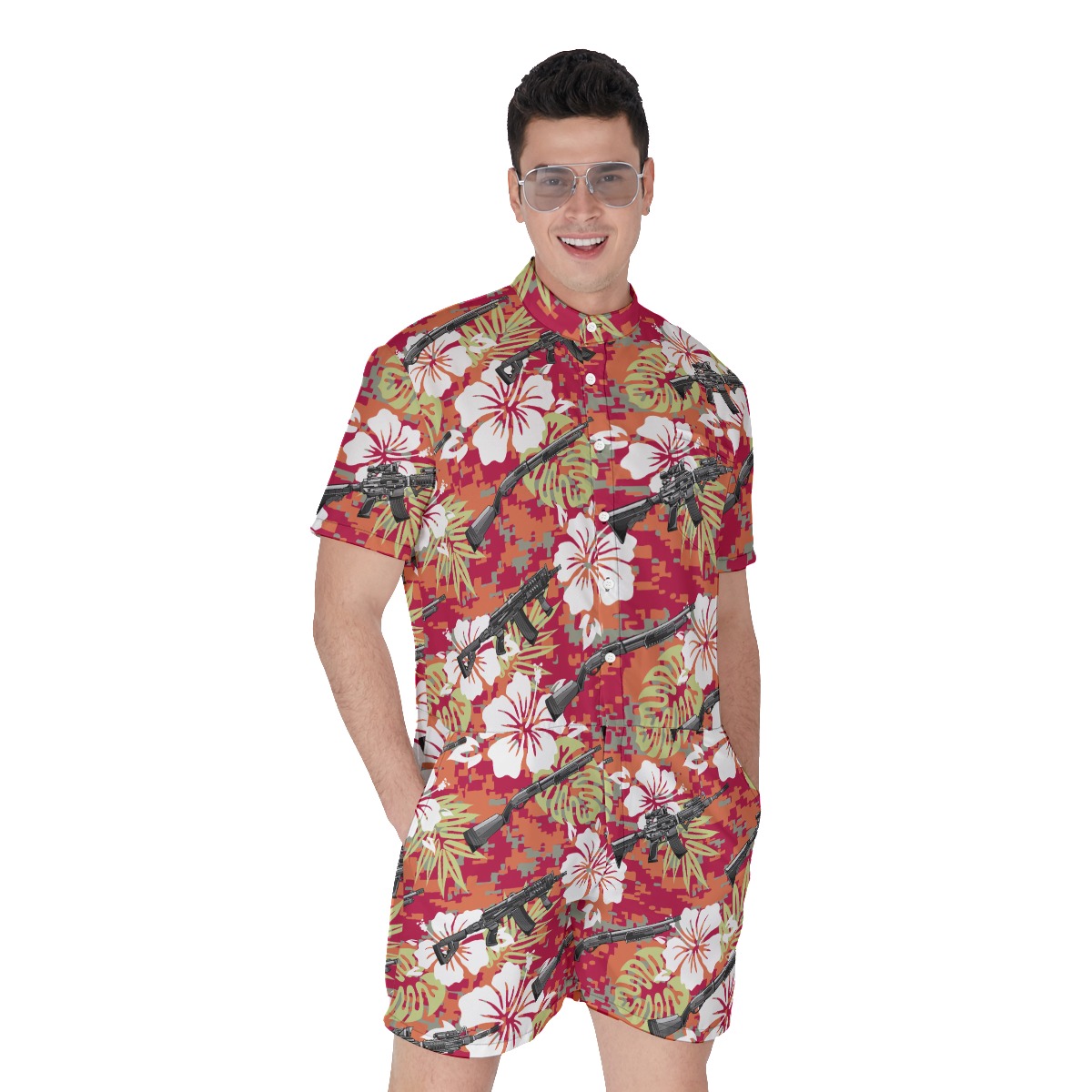 Red Hibiscus Camo Tactical Gun Men's Hawaiian Romper - variant image 1