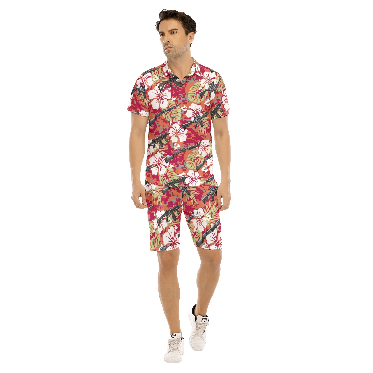 Set Tactical Gun Hibiscus Hawaiian Shirt And Matching Shorts For Men - variant image 1
