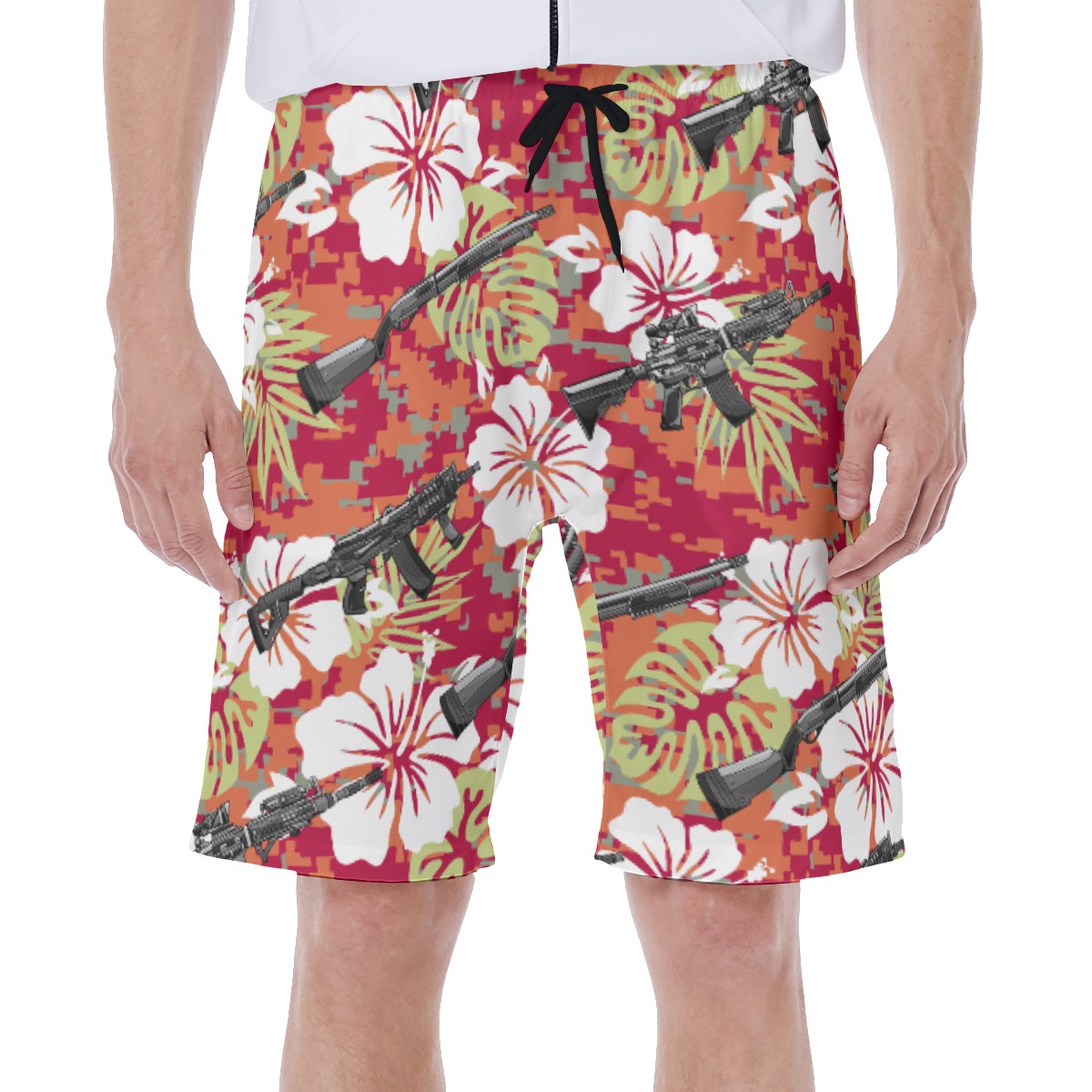 Cool Tactical Gun Hibiscus Camo Men's Red Hawaiian Swim Trunks - variant image 1