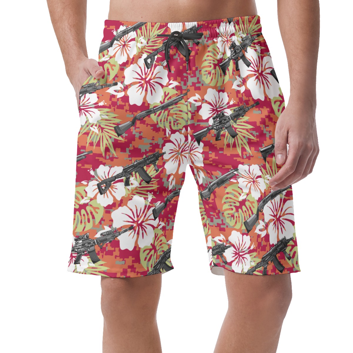 Red Camouflage Hibiscus Tactical Hawaiian Beach Shorts - variant image 1