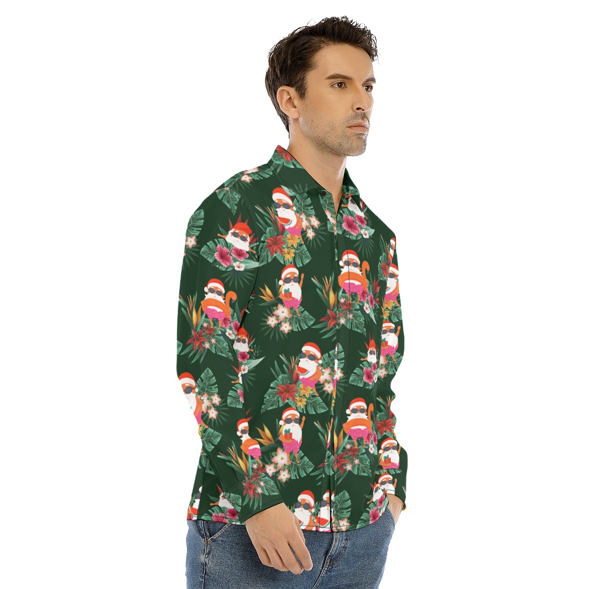 Funny Santa Christmas Long Sleeve Hawaiian Shirt For Men