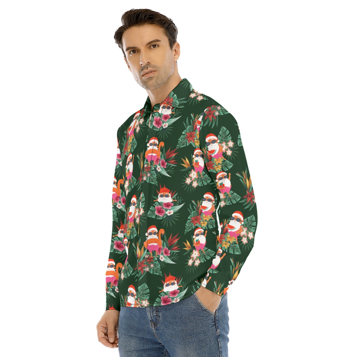 Funny Santa Christmas Long Sleeve Hawaiian Shirt For Men