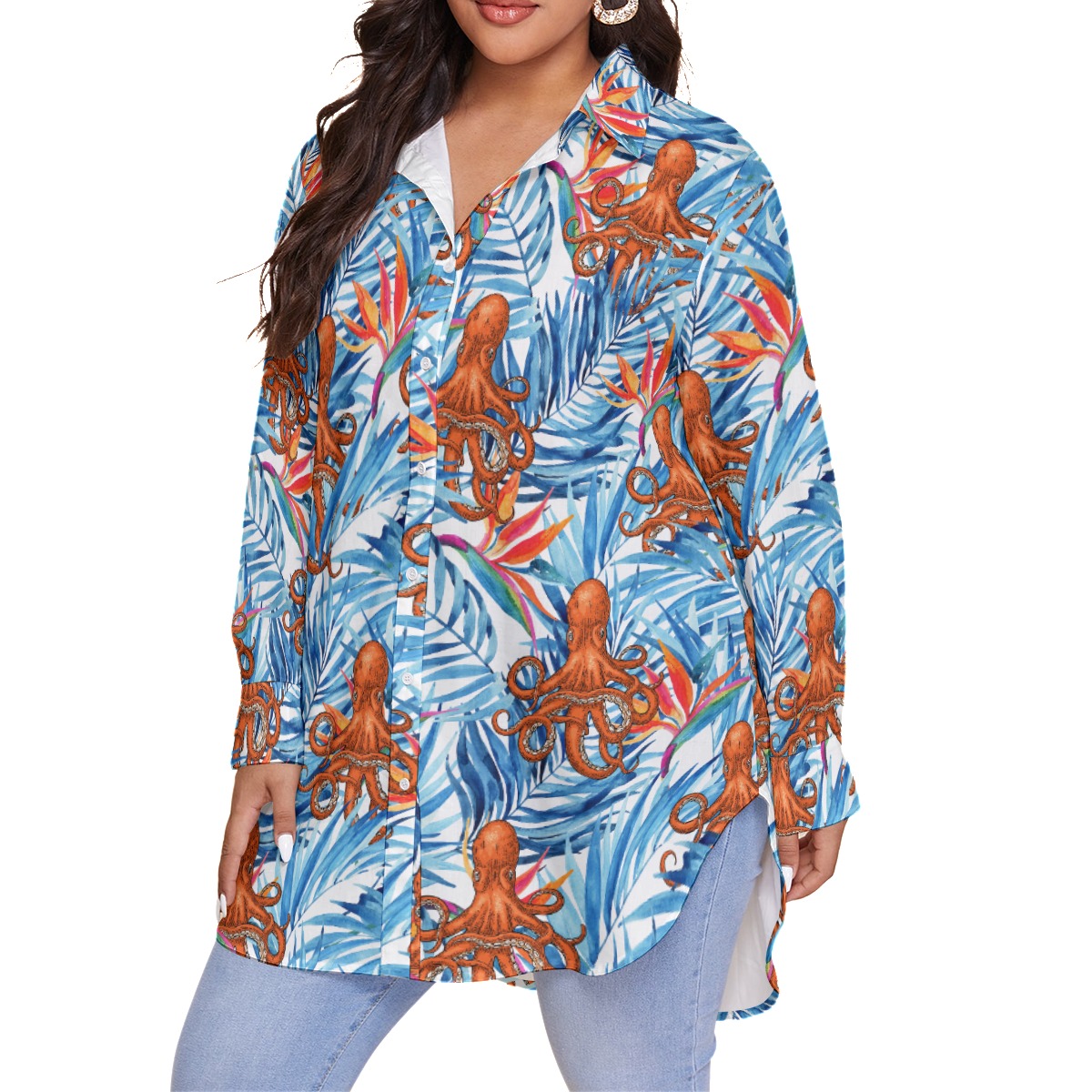 Octopus Tropical Blue Hawaiian Blouse Shirt For Women