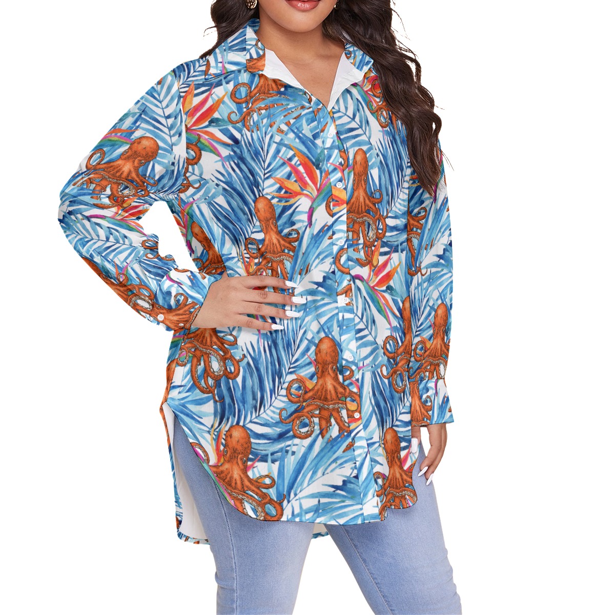 Octopus Tropical Blue Hawaiian Blouse Shirt For Women