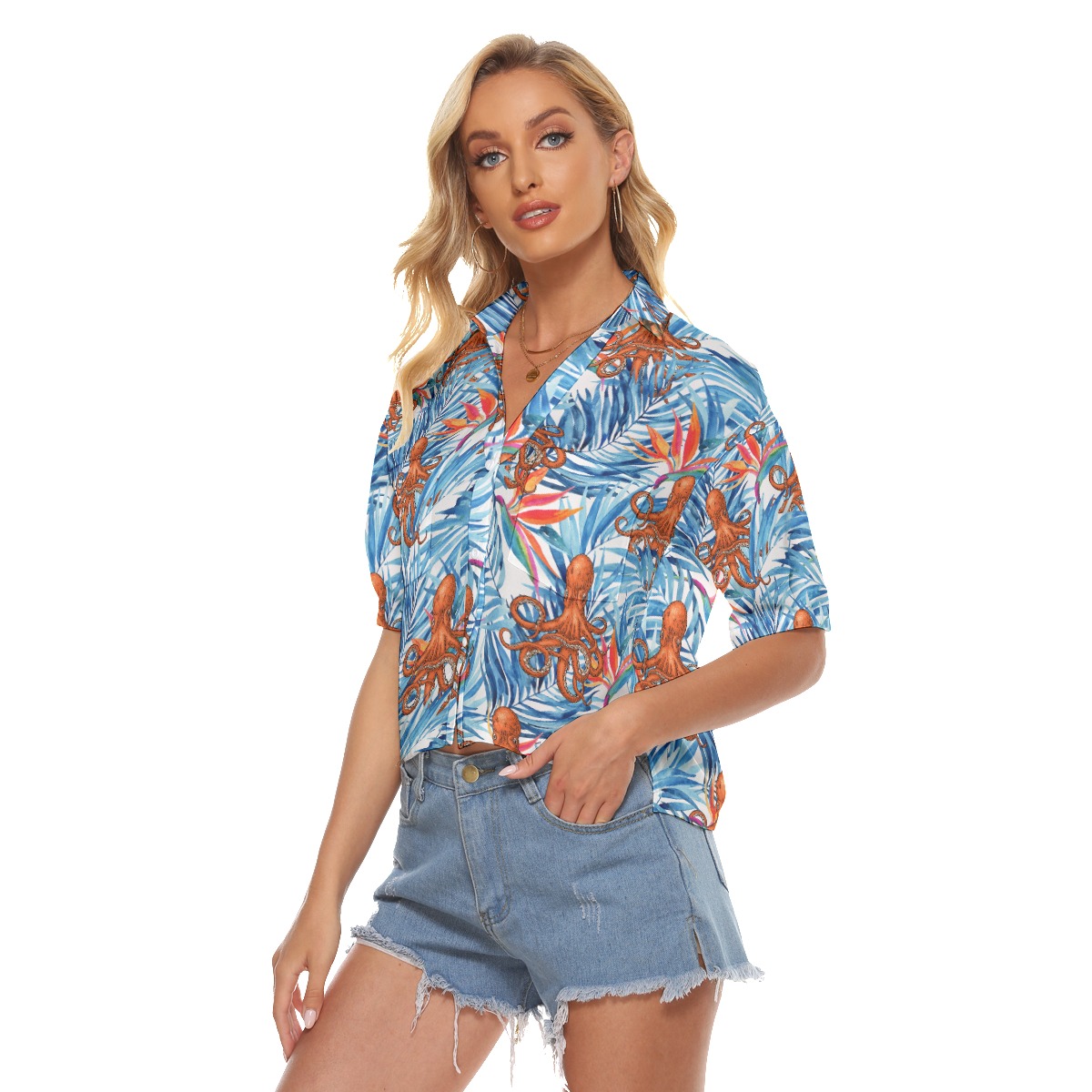 Tropical Octopus Blue Aloha Crop Top Shirt For Women