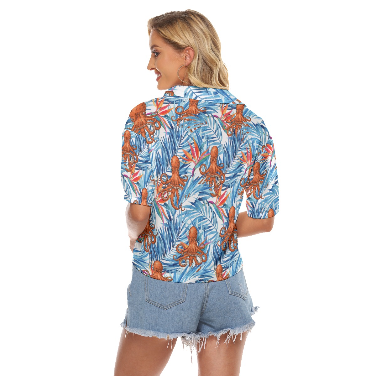 Tropical Octopus Blue Aloha Crop Top Shirt For Women
