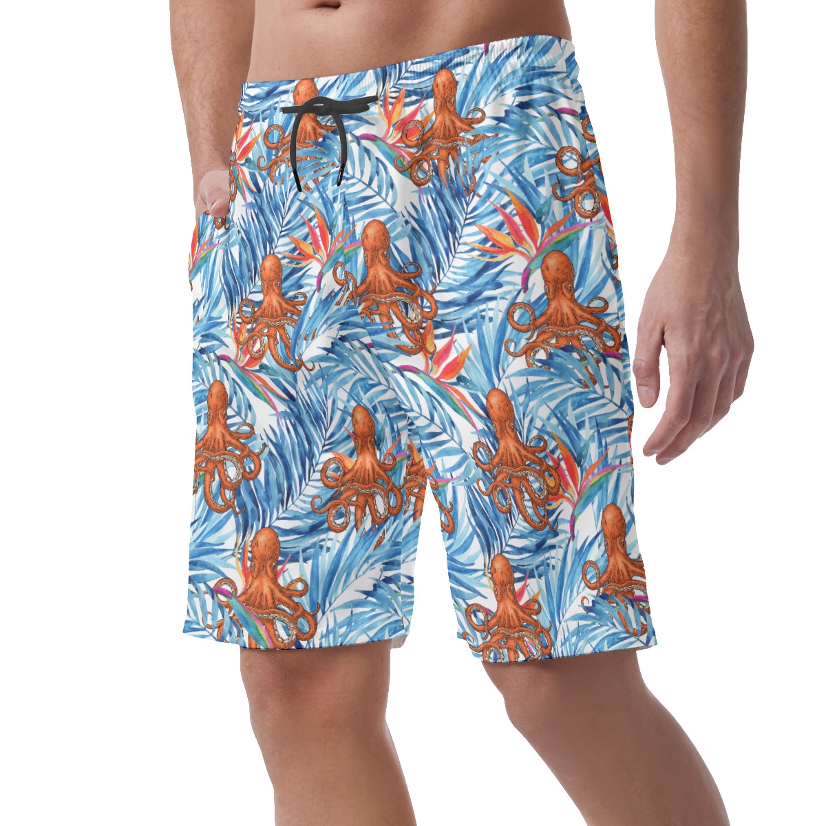 Red Octopus Tropical Blue Hawaiian Beach Shorts For Men