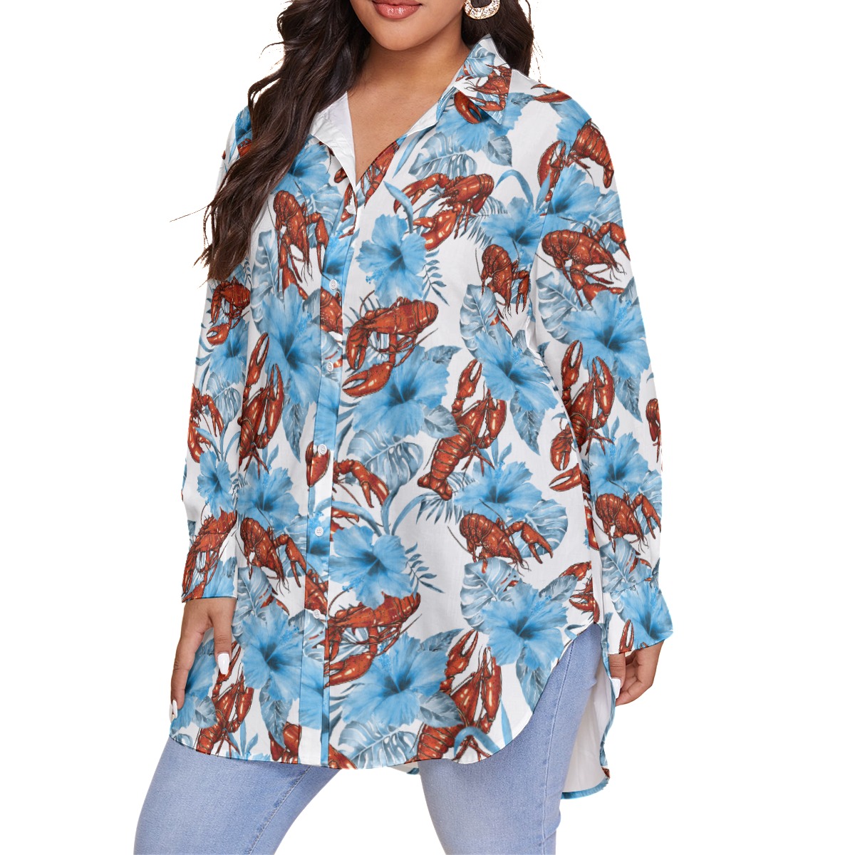 Lobster Blue Hibiscus Hawaiian Plus Size Shirt For Women