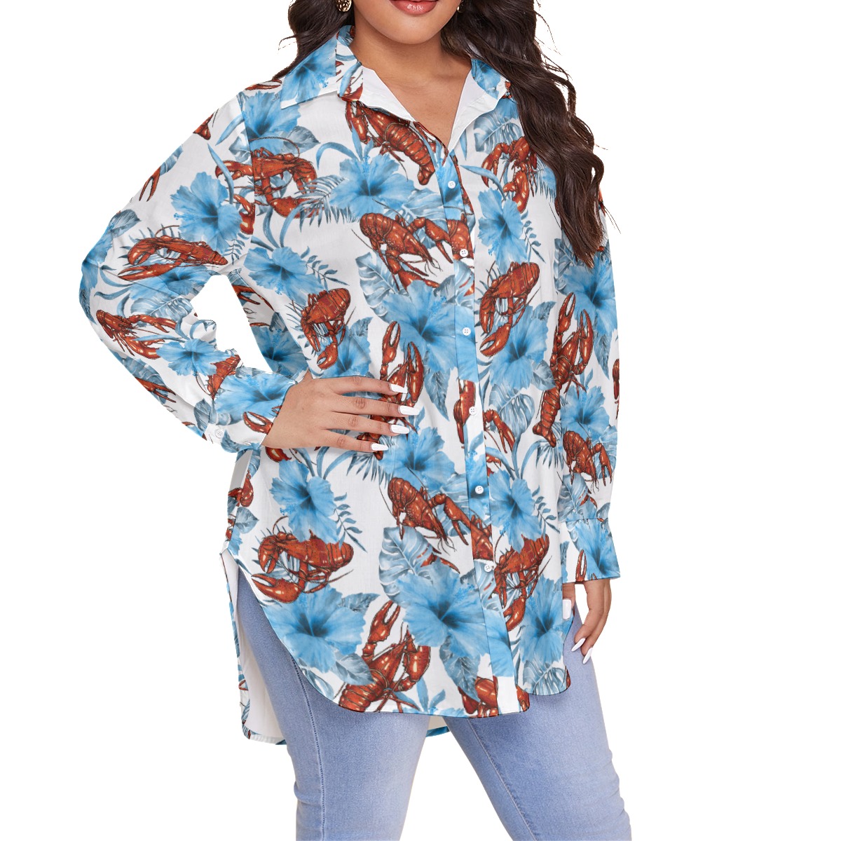 Lobster Blue Hibiscus Hawaiian Plus Size Shirt For Women