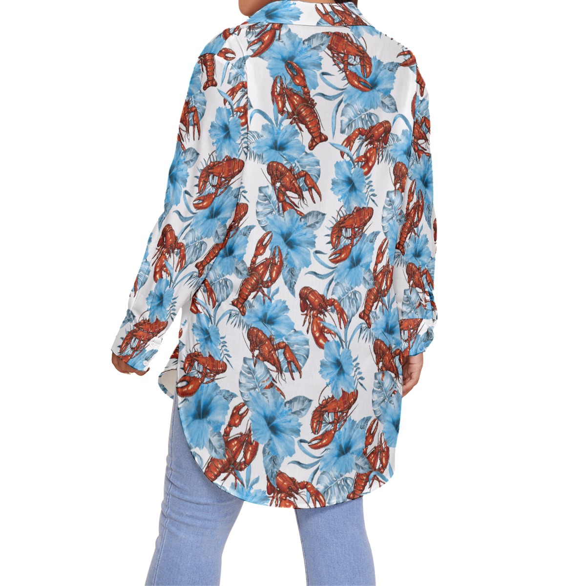 Lobster Blue Hibiscus Hawaiian Plus Size Shirt For Women