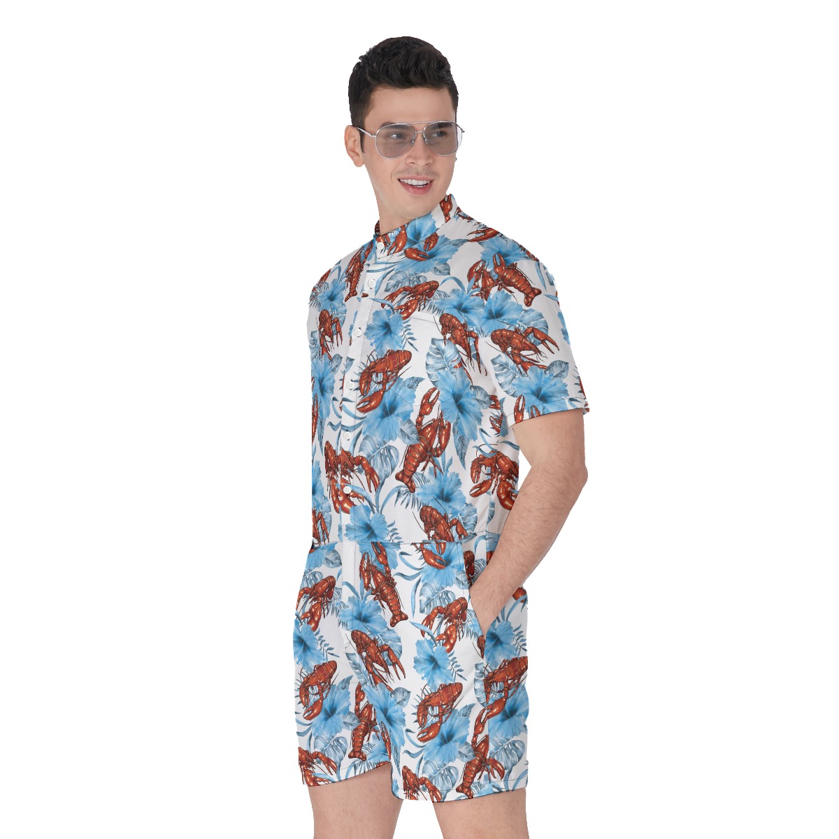 Funny Lobster Floral Blue Hawaiian Romper For Men