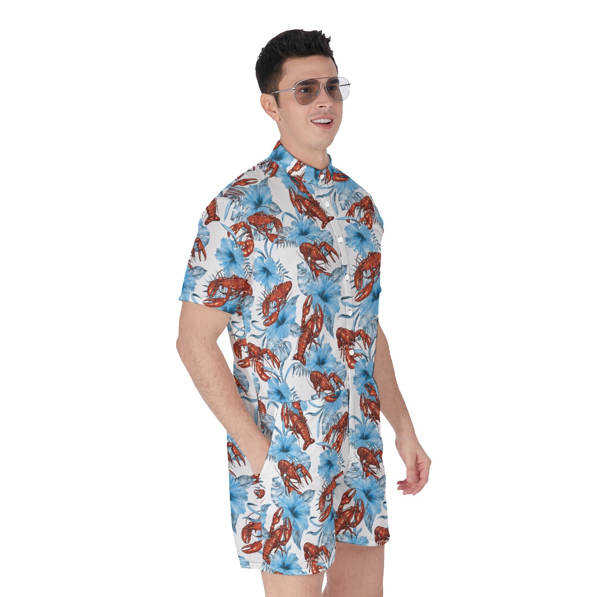 Funny Lobster Floral Blue Hawaiian Romper For Men