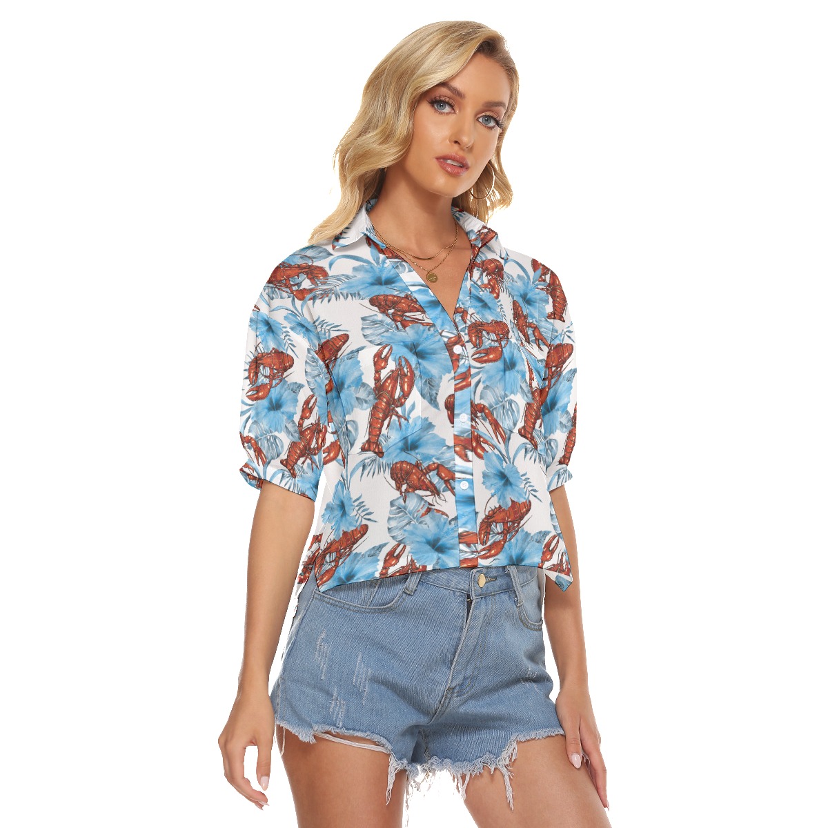 Tropical Hibiscus Lobster Hawaiian Cropped Shirt