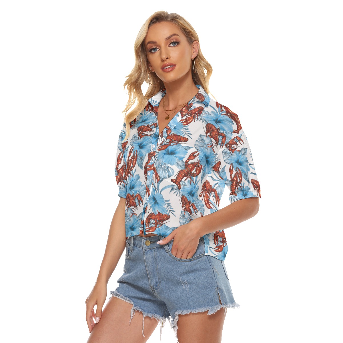 Tropical Hibiscus Lobster Hawaiian Cropped Shirt