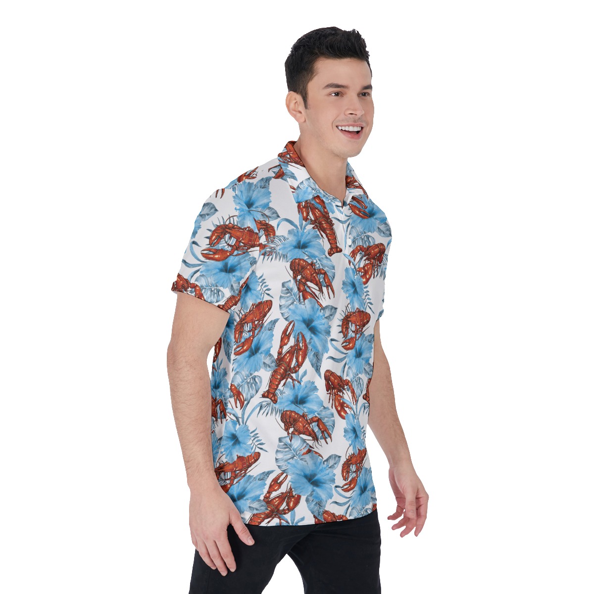 Blue Hibiscus Lobster Hawaiian Men's Polo Shirt