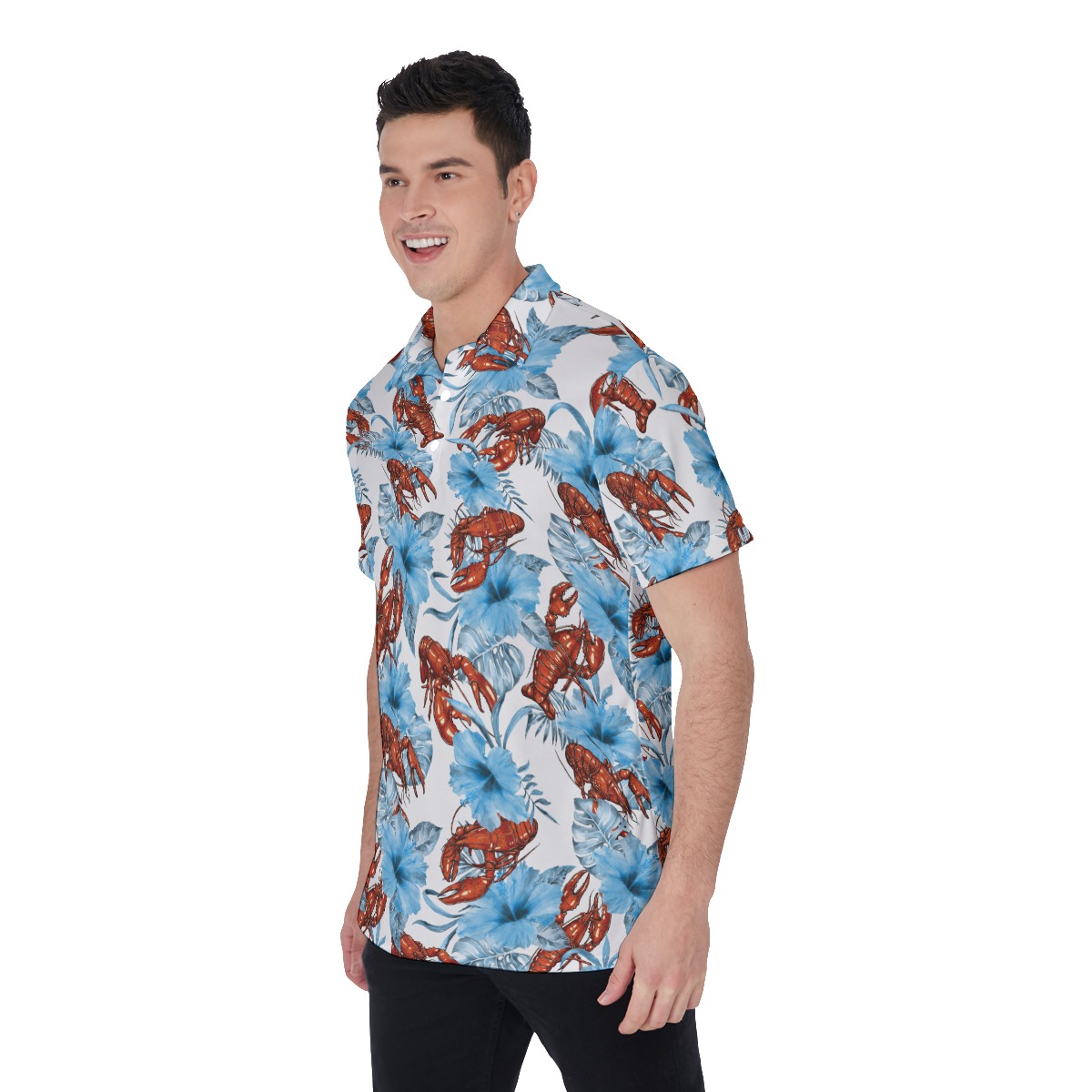 Blue Hibiscus Lobster Hawaiian Men's Polo Shirt