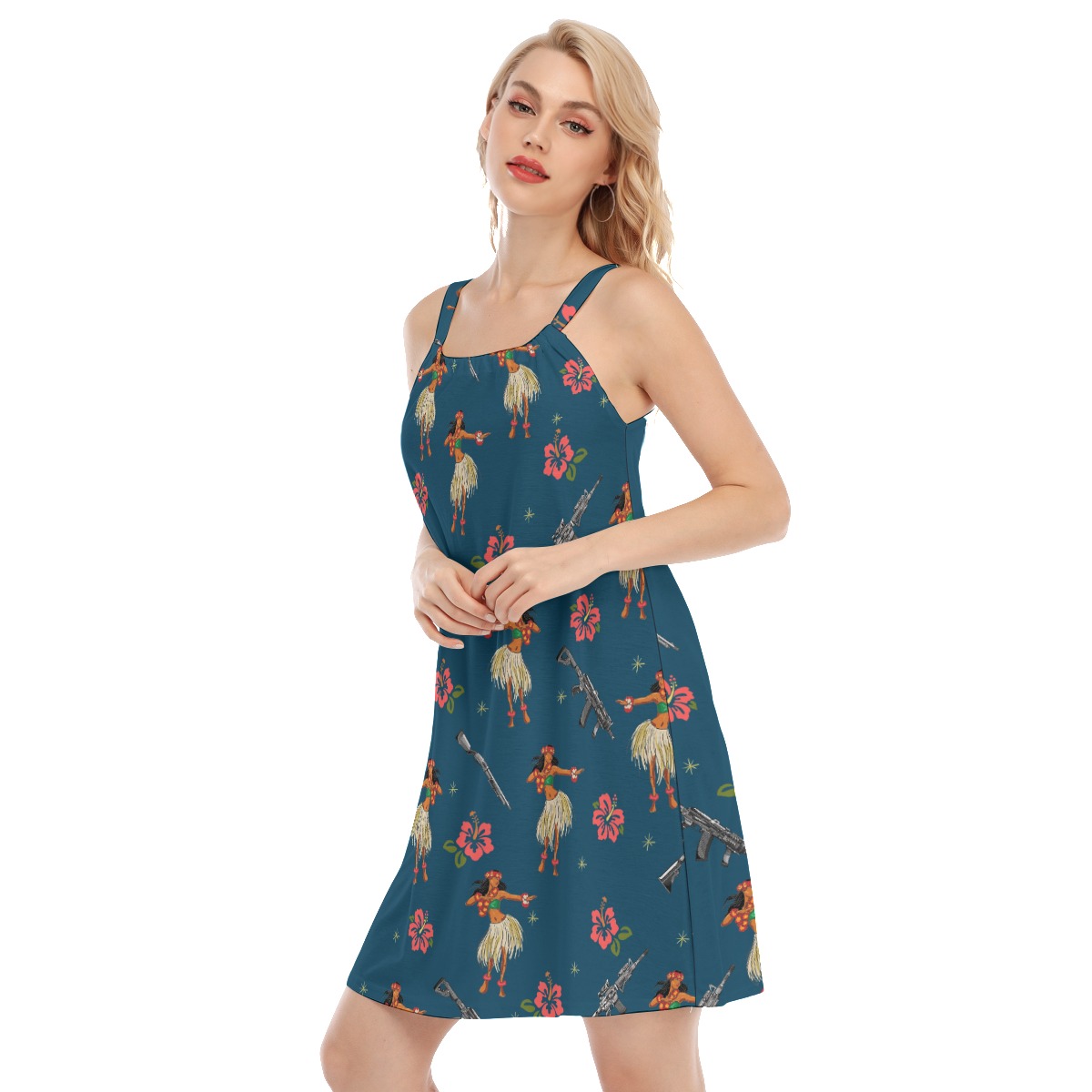 Vintage Hula Girl Tactical Gun Hibiscus Hawaiian Dresses For Women