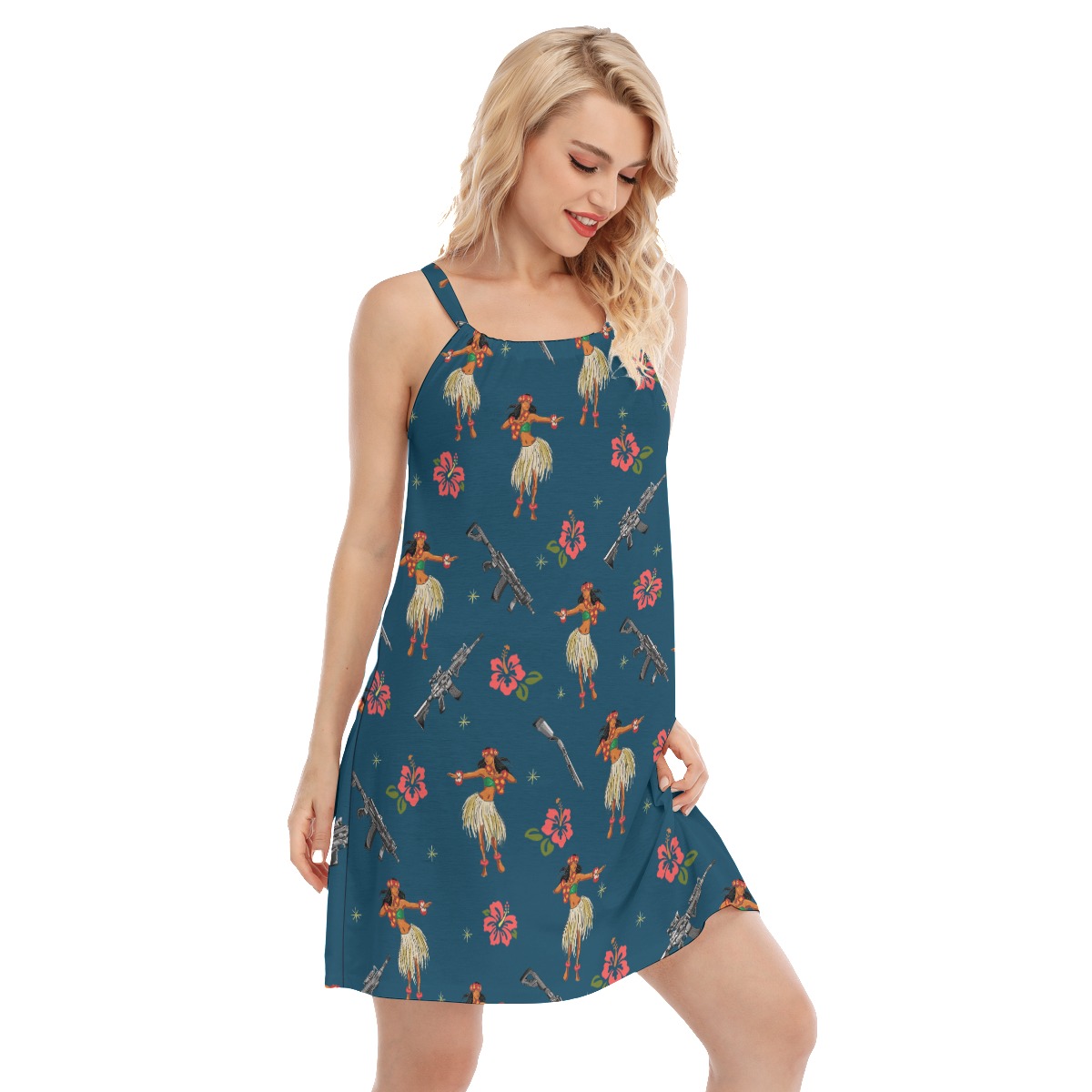 Vintage Hula Girl Tactical Gun Hibiscus Hawaiian Dresses For Women