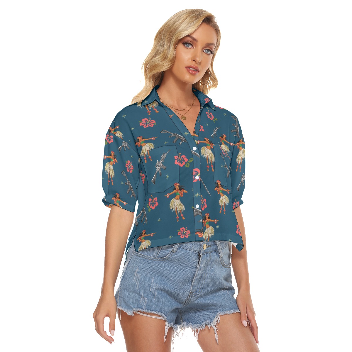 Hula Girl Tactical Gun Hibiscus Hawaiian Crop Top Shirt For Women