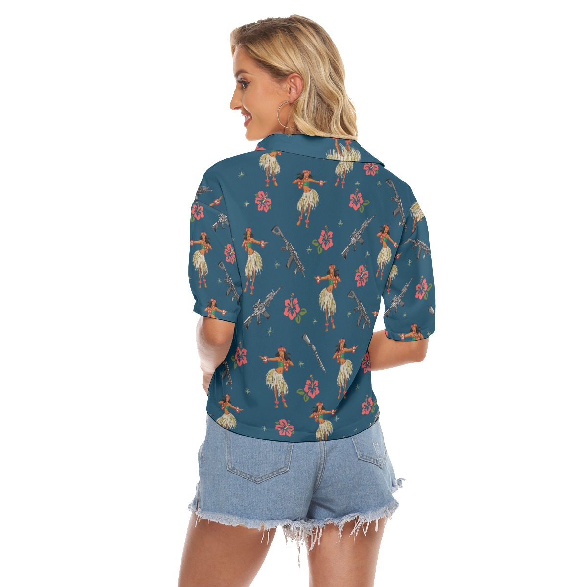 Hula Girl Tactical Gun Hibiscus Hawaiian Crop Top Shirt For Women