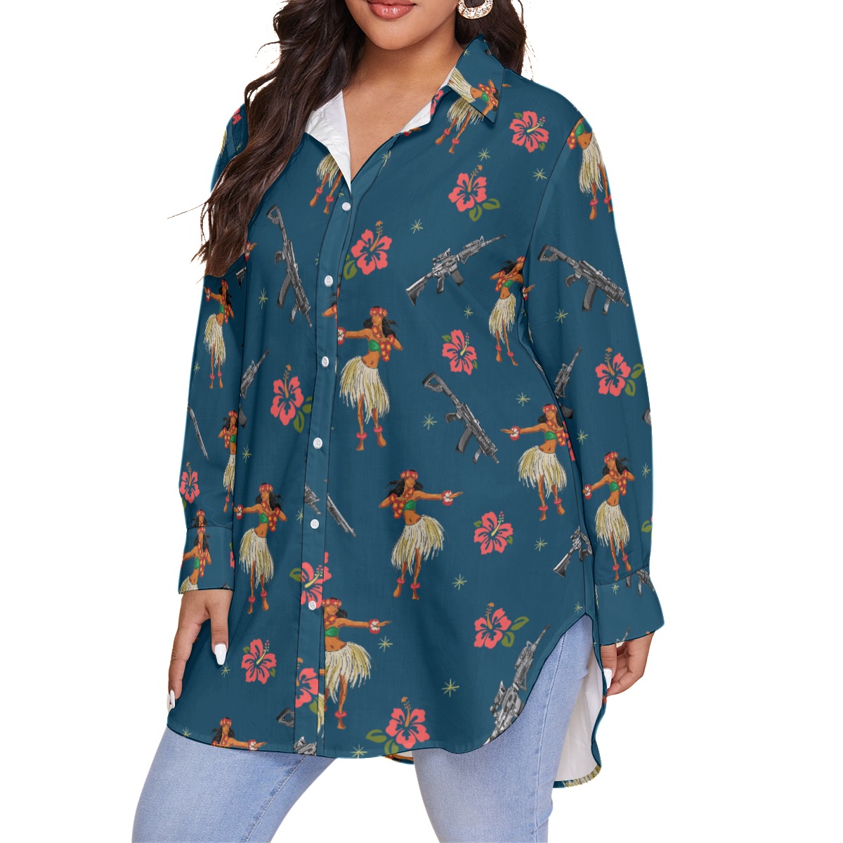 Hula Girl Tactical Gun Hibiscus Hawaiian Blouse Shirt