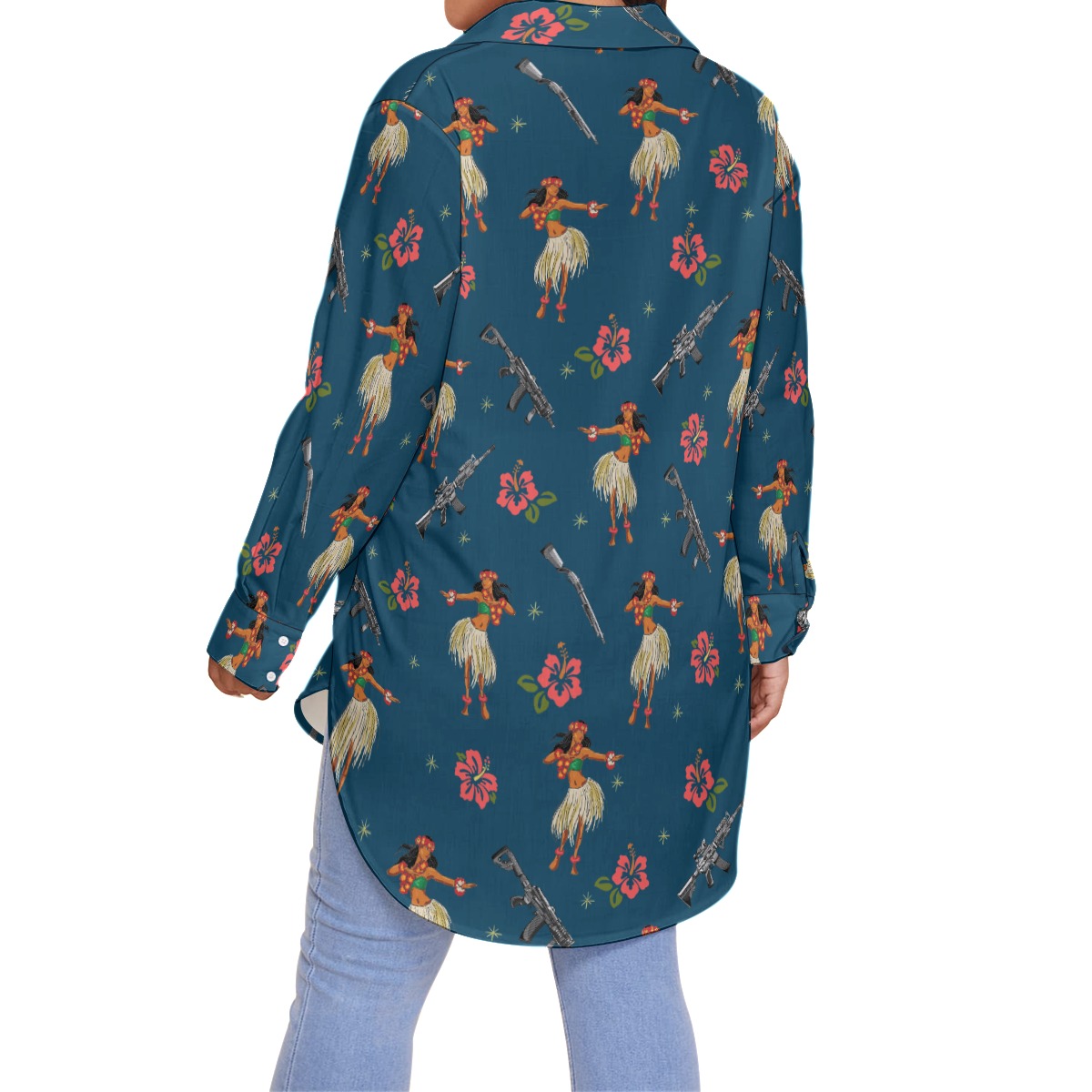 Hula Girl Tactical Gun Hibiscus Hawaiian Blouse Shirt