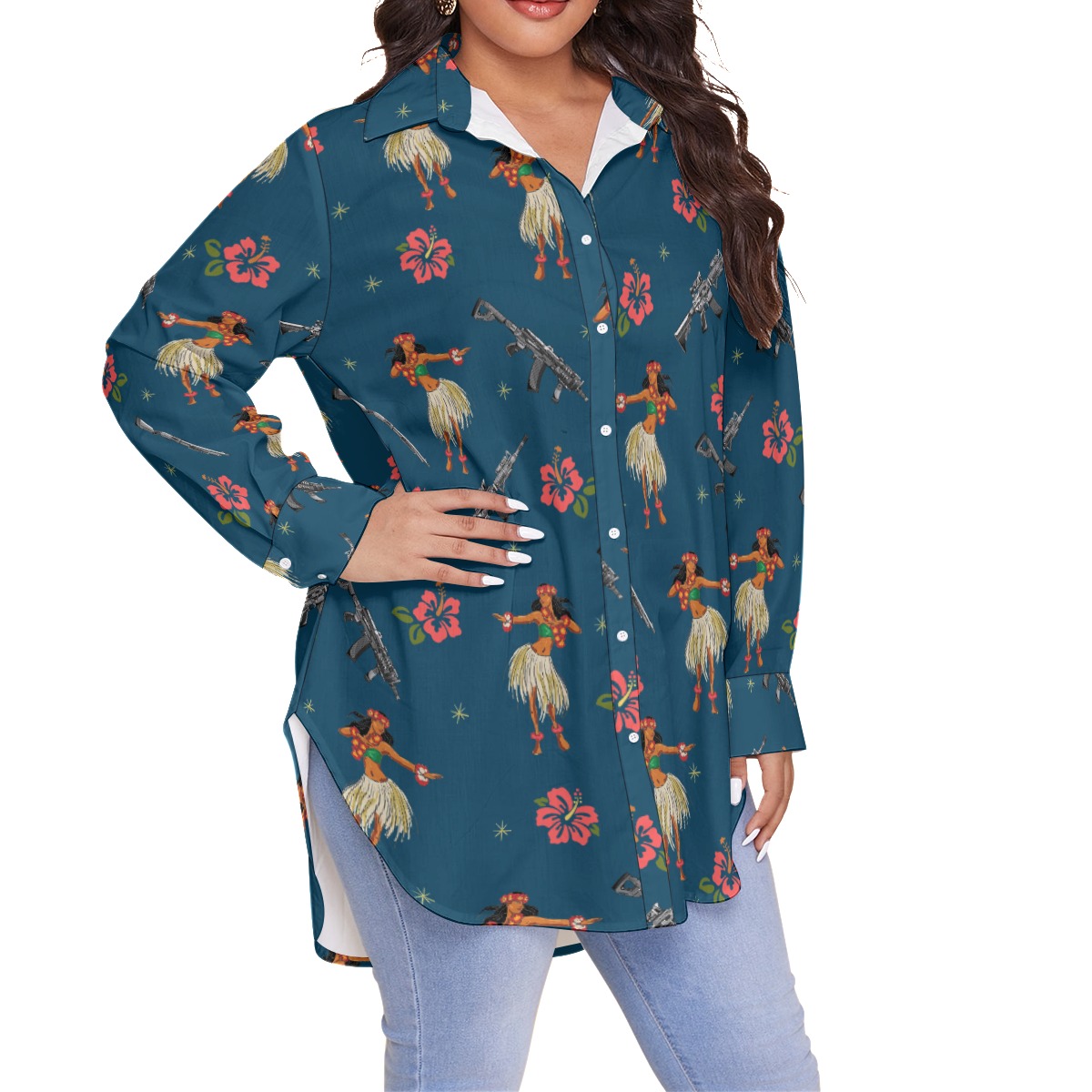 Hula Girl Tactical Gun Hibiscus Hawaiian Blouse Shirt
