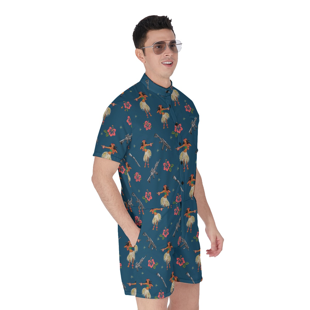 Funny Hula Girl Hibiscus Gun Hawaiian Men's Romper
