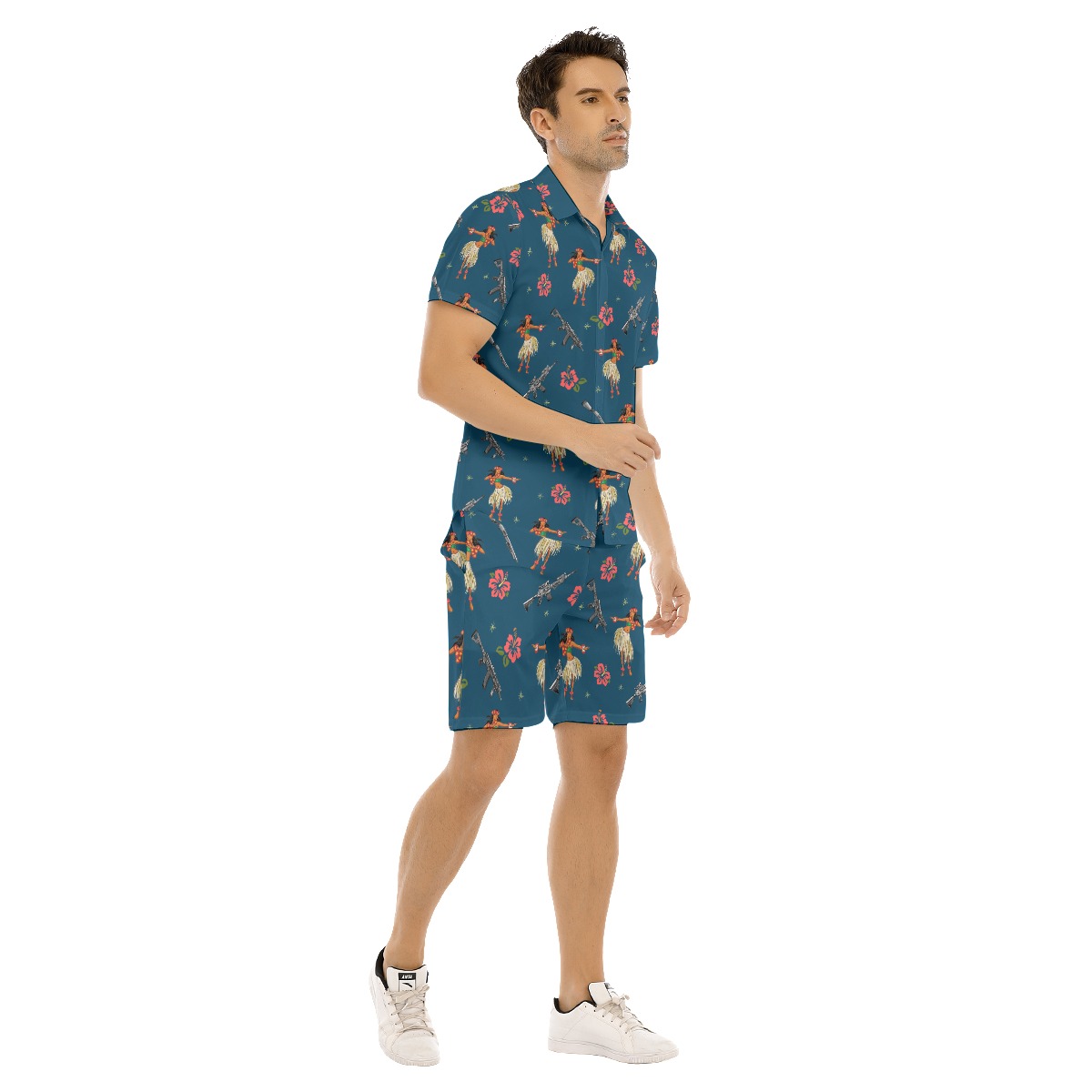 Set Hula Girl With Gun Hibiscus Hawaiian Shirt And Matching Shorts For Men