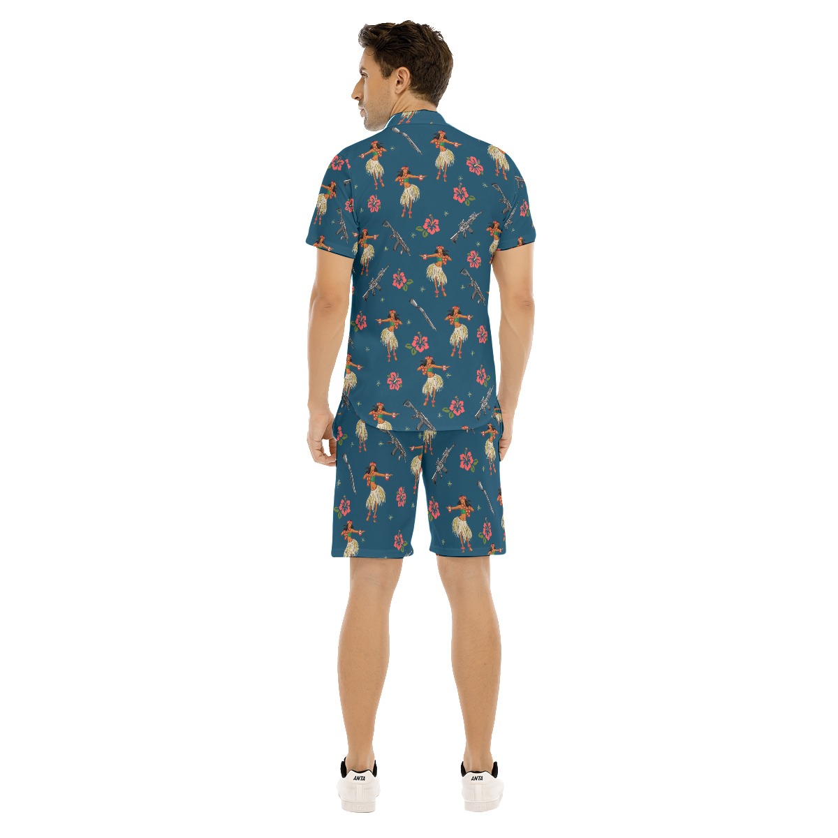 Set Hula Girl With Gun Hibiscus Hawaiian Shirt And Matching Shorts For Men