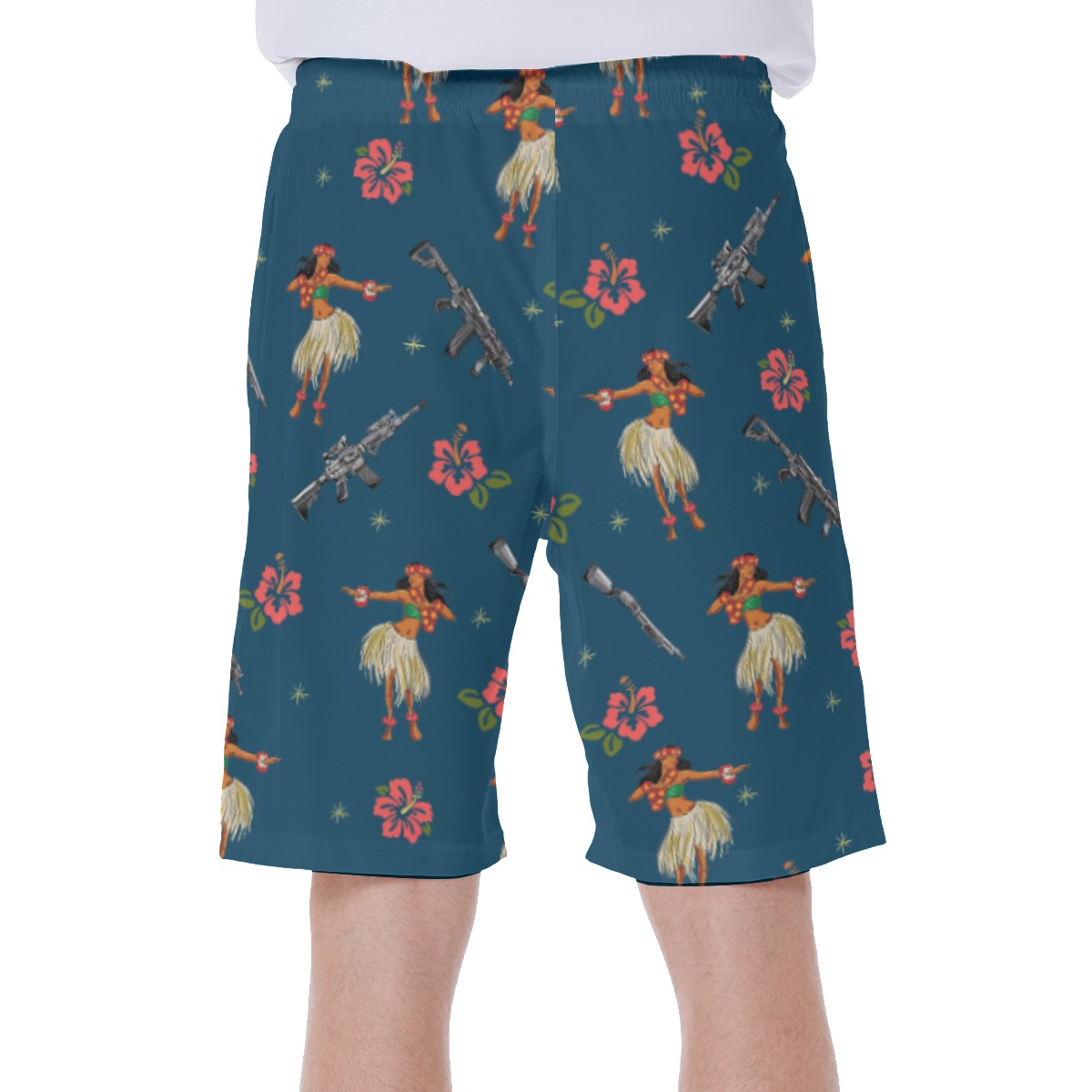 Navy Hibiscus Tactical Gun Hula Girl Hawaiian Swim Trunks