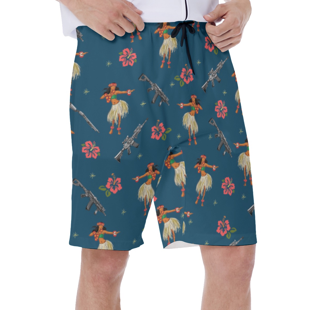 Navy Hibiscus Tactical Gun Hula Girl Hawaiian Swim Trunks