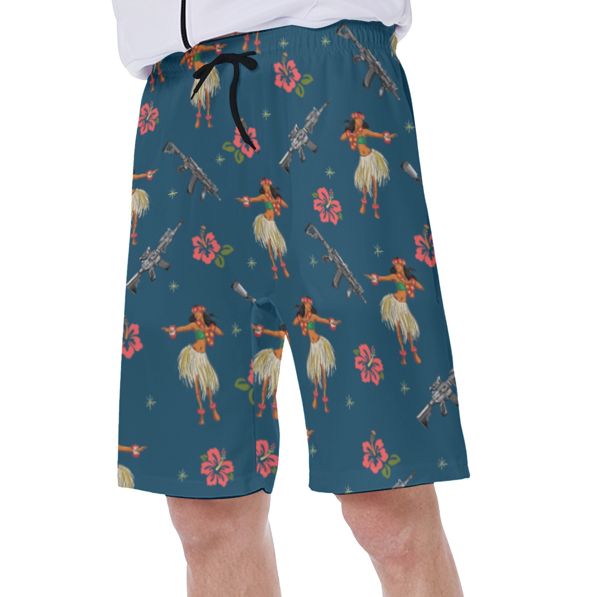 Navy Hibiscus Tactical Gun Hula Girl Hawaiian Swim Trunks