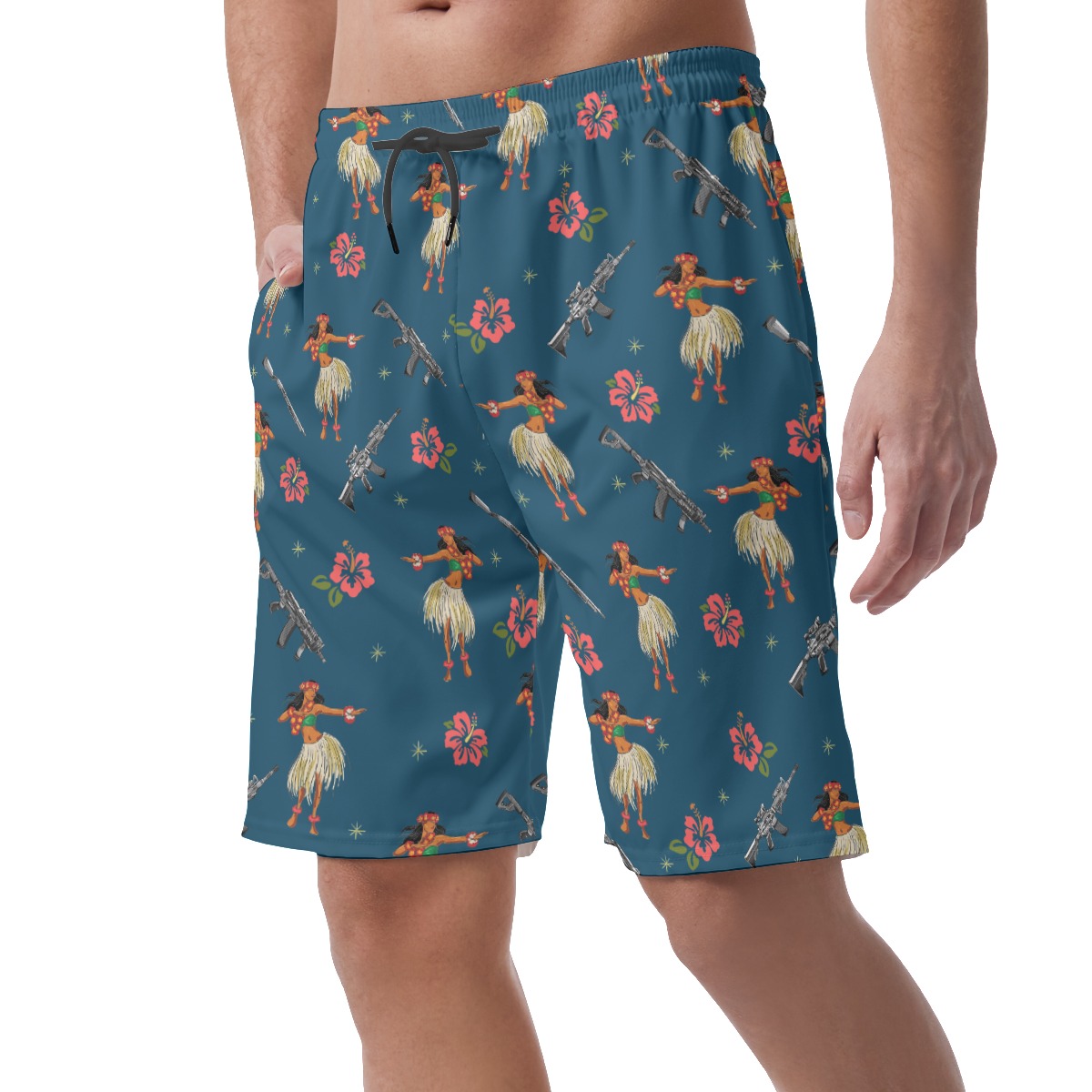 Tactical Hula Girl Hibiscus Navy Hawaiian Beach Shorts