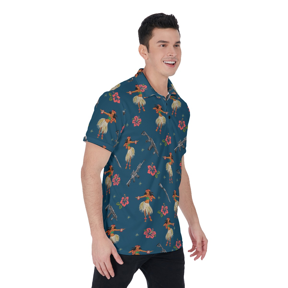 Classic Hula Girl Tactical Gun Navy Hawaiian Polo Golf Shirt