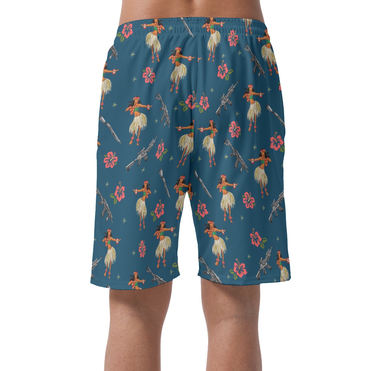 Tactical Hula Girl Hibiscus Navy Hawaiian Beach Shorts