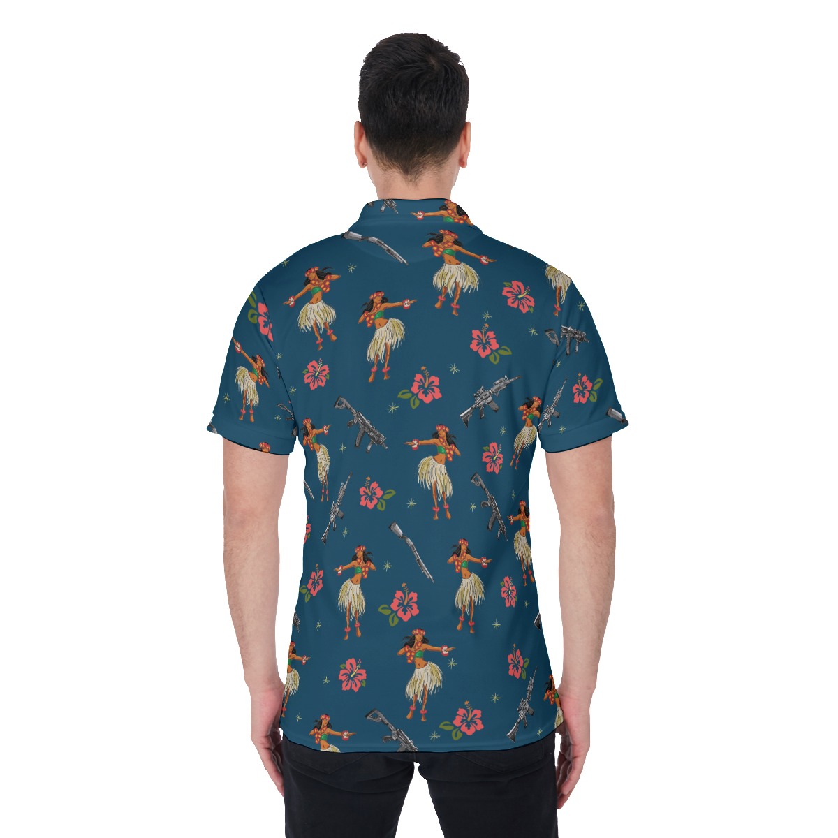 Classic Hula Girl Tactical Gun Navy Hawaiian Polo Golf Shirt