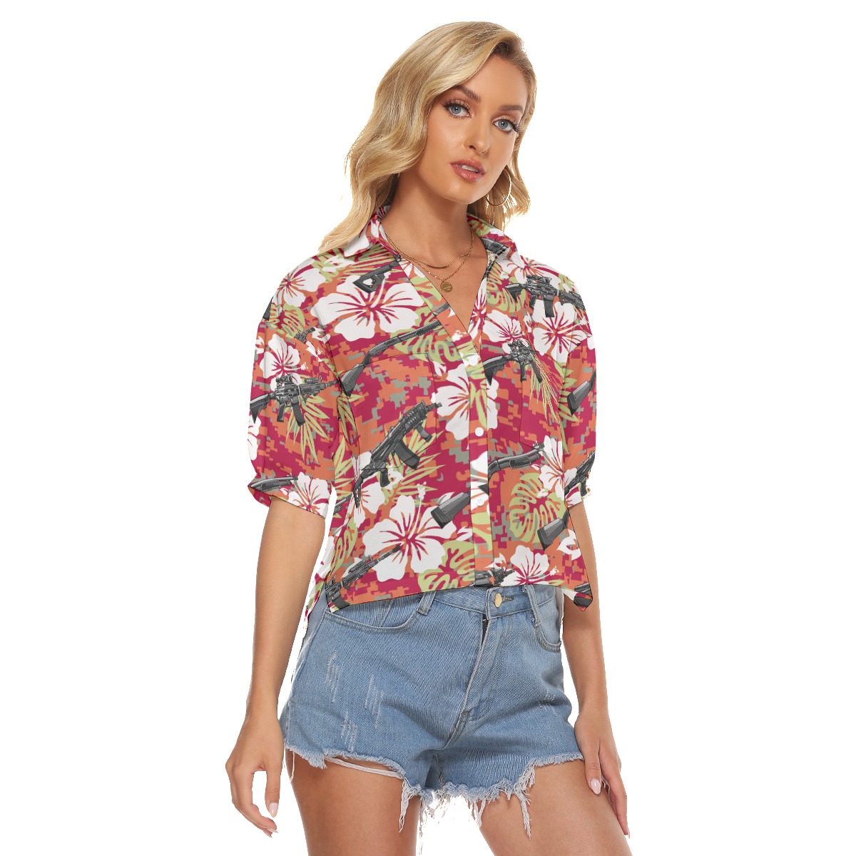 Tactical Gun Hibiscus Camouflage Hawaiian Cropped Shirt For Women