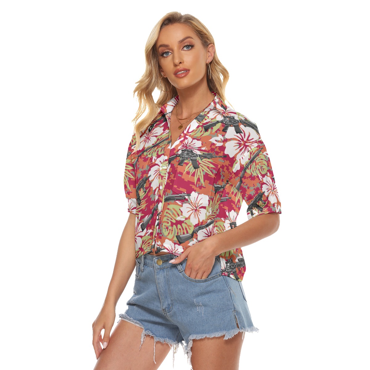 Tactical Gun Hibiscus Camouflage Hawaiian Cropped Shirt For Women