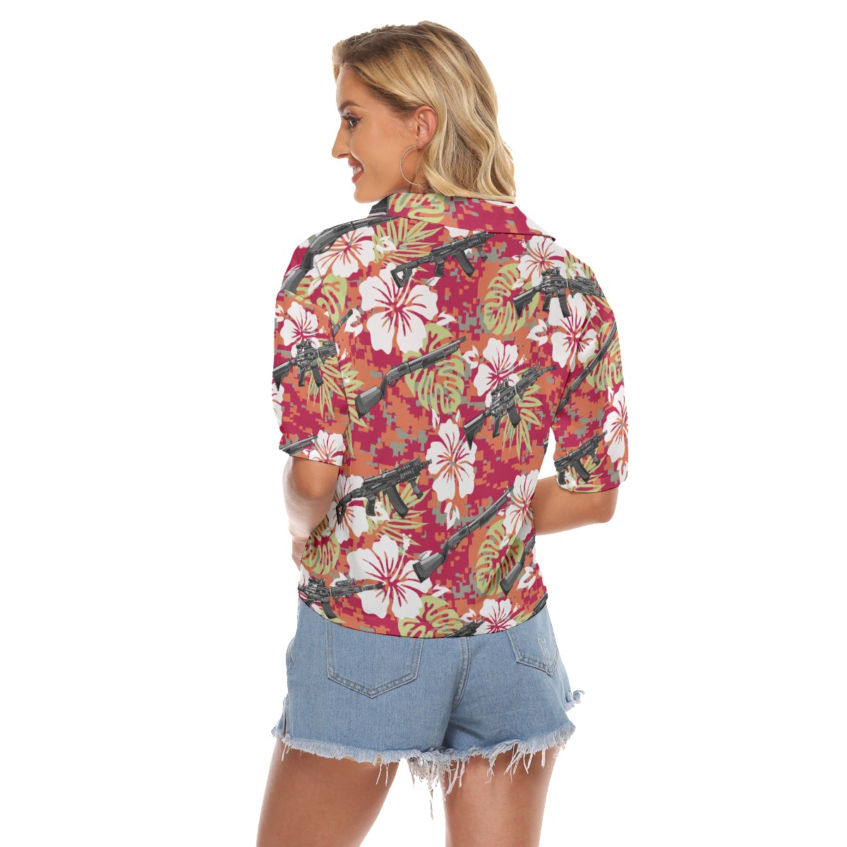 Tactical Gun Hibiscus Camouflage Hawaiian Cropped Shirt For Women
