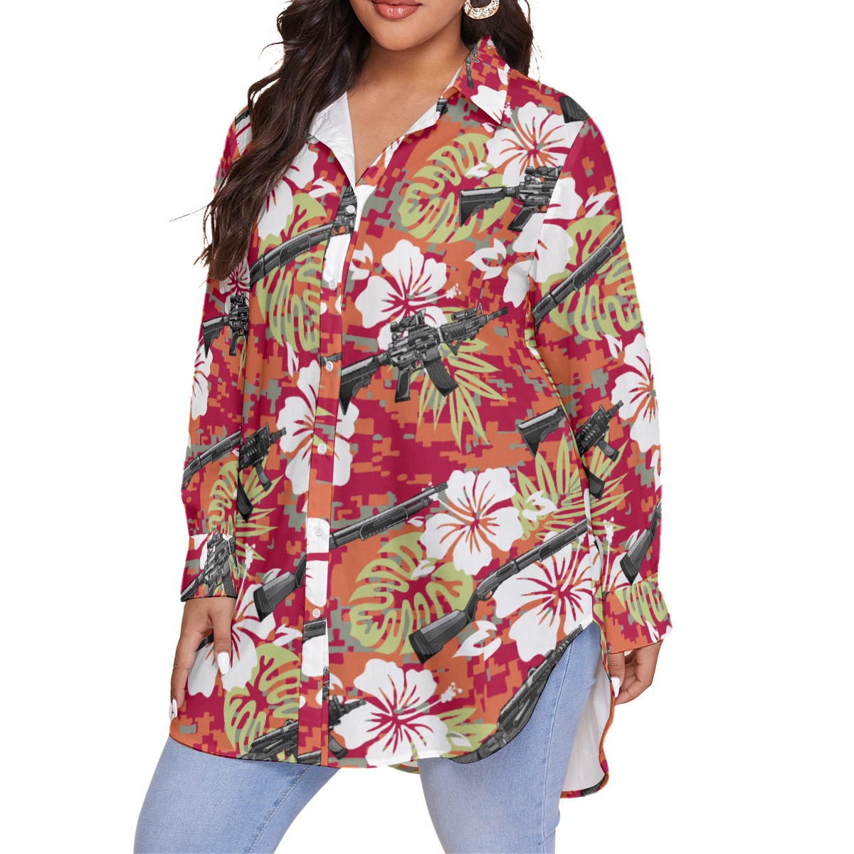 Cool Tactical Gun Floral Camo Hawaiian Plus Size Shirt