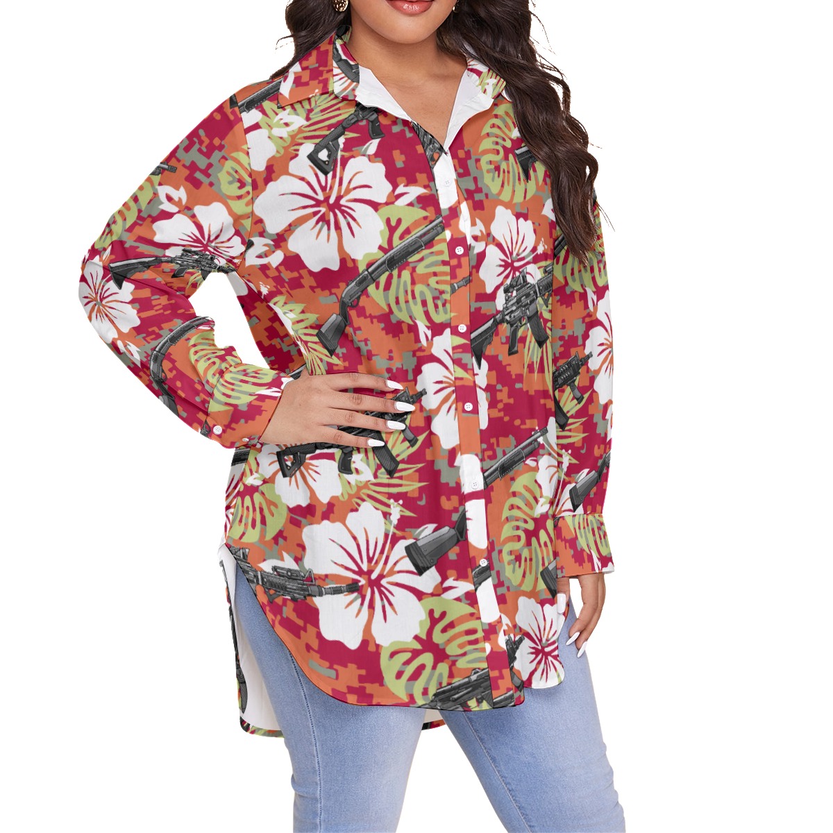 Cool Tactical Gun Floral Camo Hawaiian Plus Size Shirt