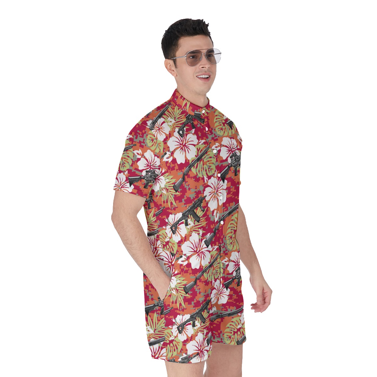 Red Hibiscus Camo Tactical Gun Men's Hawaiian Romper