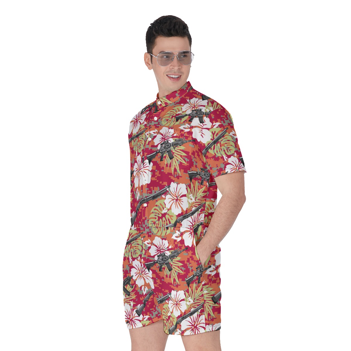 Red Hibiscus Camo Tactical Gun Men's Hawaiian Romper