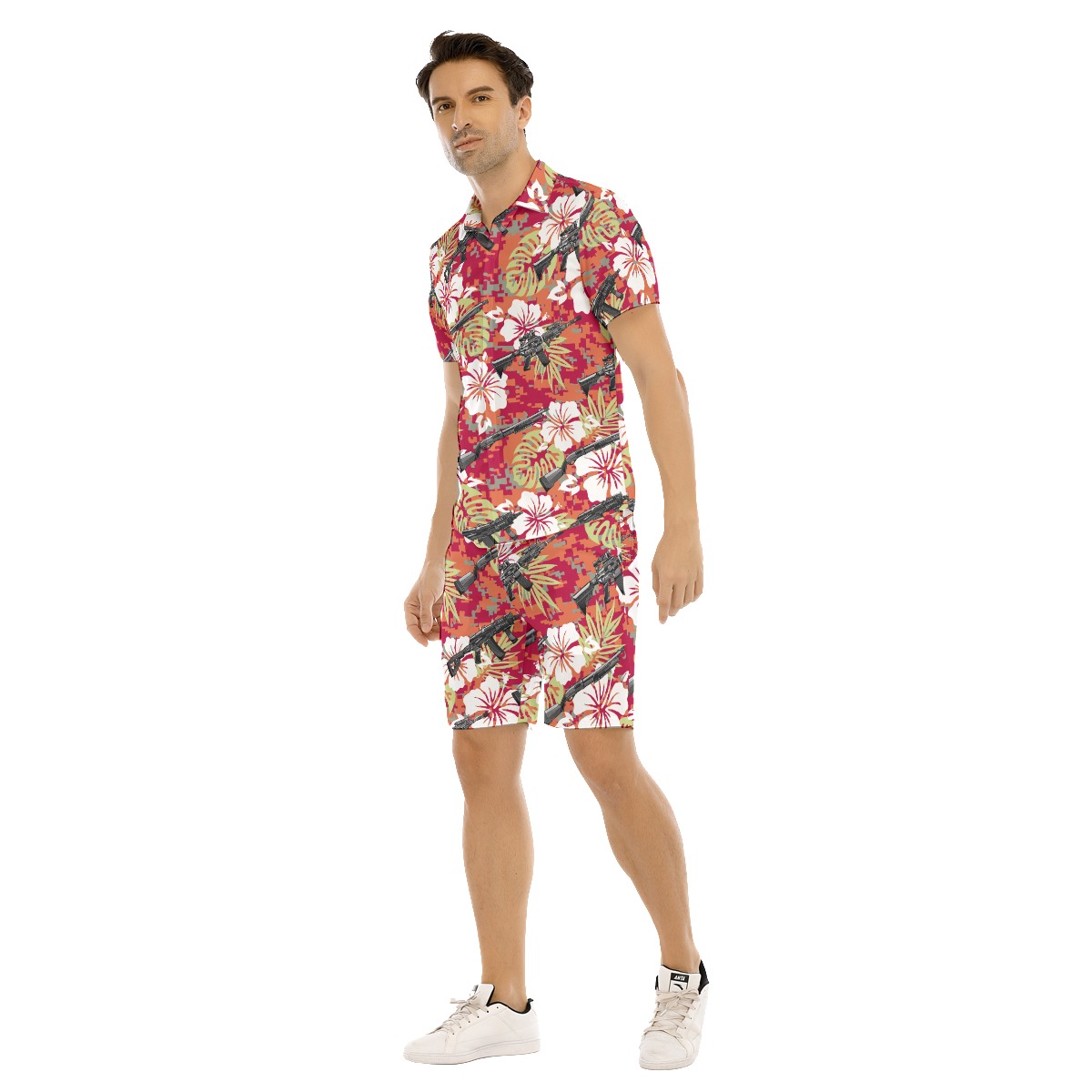Set Tactical Gun Hibiscus Hawaiian Shirt And Matching Shorts For Men