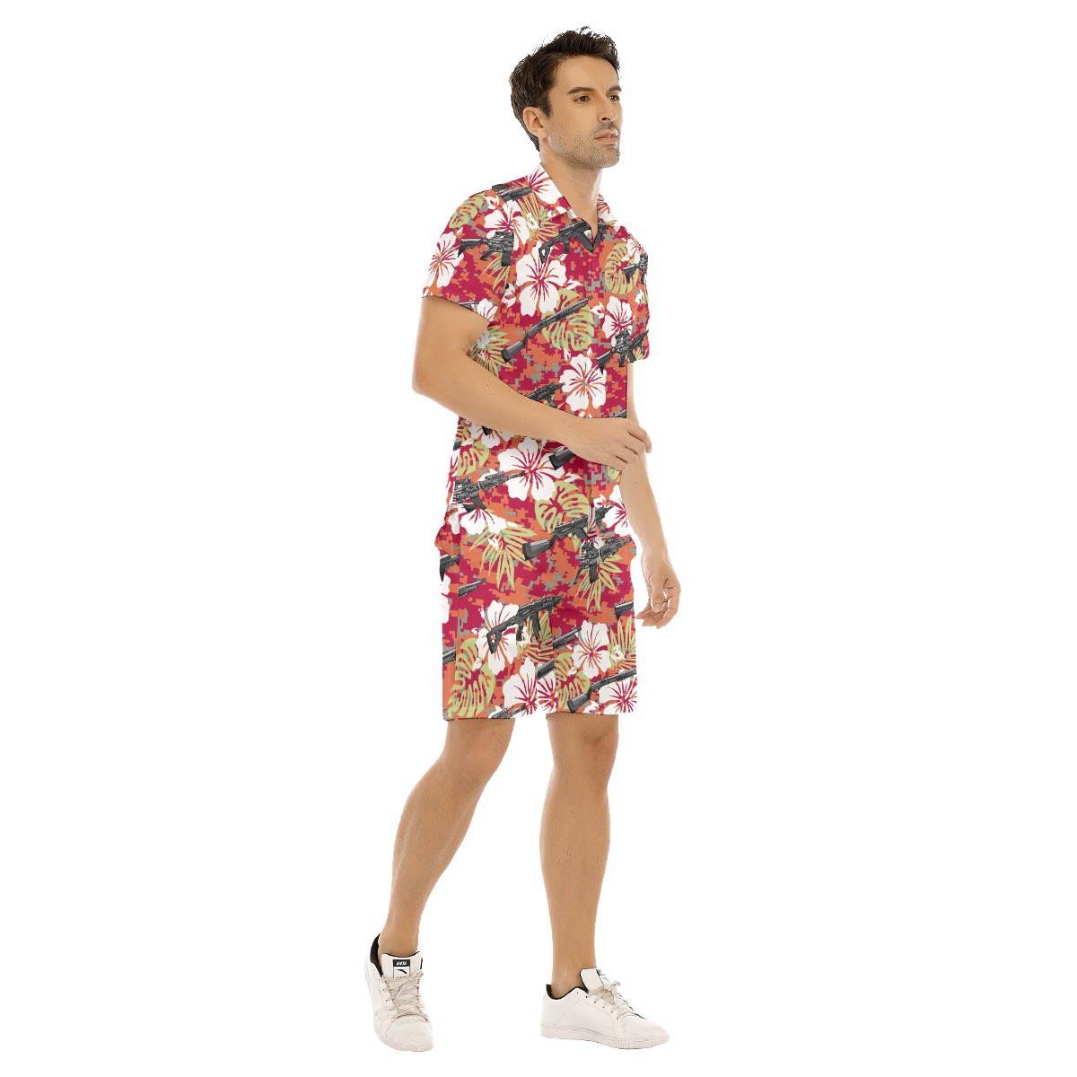 Set Tactical Gun Hibiscus Hawaiian Shirt And Matching Shorts For Men